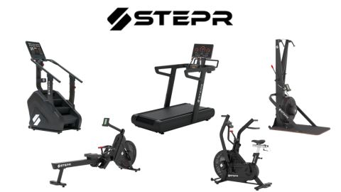 STEPR Black Friday event with various cardio machines, including a stairclimber, treadmill, ski erg, rower, and bike